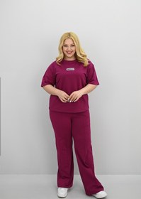 Resim Kadın Büyük Beden Kısa Kollu Etiket Detaylı Bol Paça Eşofman Takımı 8196-25 - XL / Mürdüm 