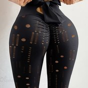 Resim Kemerli Yüksek Bel Kadın Taytları - Siyah Geometrik Kesik Tasarım, Yarı Şeffaf Esnek Kumaş, Makinede Yıkanabilir Her Mevsim Pantolonlar için Günlük Kullanım, Lounge Giyim, Trend Moda, Nefes Alabilen Malzeme, Şık, Moda Severler İçin 