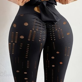 Resim Kemerli Yüksek Bel Kadın Taytları - Siyah Geometrik Kesik Tasarım, Yarı Şeffaf Esnek Kumaş, Makinede Yıkanabilir Her Mevsim Pantolonlar için Günlük Kullanım, Lounge Giyim, Trend Moda, Nefes Alabilen Malzeme, Şık, Moda Severler İçin 