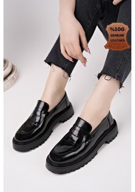 Resim Muggo Paradise Hakiki Deri Kalın Taban Günlük Casual Makosen Kadın Loafer Ayakkabı Siyah Rugan 