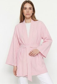 Resim Saade Kadın Dikey Çizgili Geniş Kollu Şık Yazlık Relaxed Kimono 