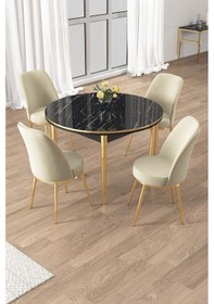 Resim Canisa Osle Serisi 90x90 Yuvarlak Siyah Mermer Desen Mutfak Masa Takımı 4 Sandalye Gold Detay Masa Siyah Mermer Desen Sandalye Krem Gold Ayak 