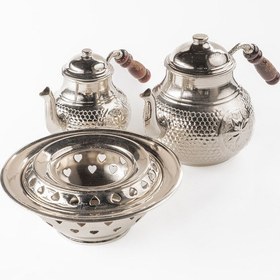 Resim Büyük Boy Gaziantep Bakır Çaydanlık Takımı Ve Balkon Sefası Takımı Kabartmalı Yıldız İşlemeli Gümüş 
