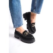 Resim Mubiano MB1170-S Kalın Taban Lüx Süet Tokalı Siyah Kadın Kolej Loafer 