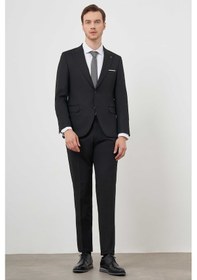 Resim Morven Erkek Siyah Poliviskon Basic Jakar Desen Slim Fit Sivri Yaka Takım Elbise Siyah 