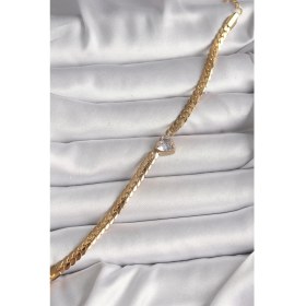 Resim 316L Çelik Gold Renk Yassı Zincir Model Zirkon Taşlı Kalp Figür Kadın Bileklik 