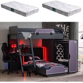 Resim Ranzalı Oyuncu Odası, Gamer Ranza Ledli Karyola Masa Dolap 2 Adet Comfort Yatak 90 X 190 CM 