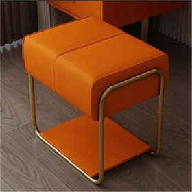 Resim Durable Orange Faux Leather Makeup Stool with Gold Metal Legs – Chic Vanity Chair Footrest for Living Room Entryway – Stylish Functional Design 