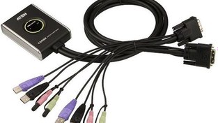Resim ATEN-CS682 2 Port USB 2.0 Dvi KVMP™ (Keyboard/Video Monitor/Mouse) Periferi Switch, Hoparlör ve Mikrofon bağlantısı mevcut, Masaüstü Tip, KVM bağlantı kablosu ürüne gömülüdür, Remote Port Selector ile birlikte 
