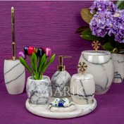 Resim MIARIK DESIGN & DEKORASYON Dekoratif Leylak Mermer Banyo Seti Takımı 7 Li Pirinç Detaylı Tasarım Set 
