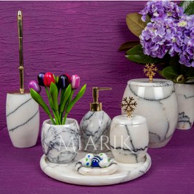 Resim MIARIK DESIGN & DEKORASYON Dekoratif Leylak Mermer Banyo Seti Takımı 7 Li Pirinç Detaylı Tasarım Set 