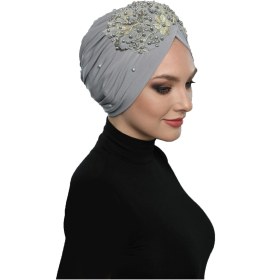 Resim Elysianfidan Kopma Astarlı İşlemeli Açık Gri Bej Dantel Motifli Hazır Türban Tesettür Abiye Bone Açık Gri-bej 