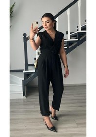 Resim Siyah Kruvaze Kuşaklı Tulum Siyah 