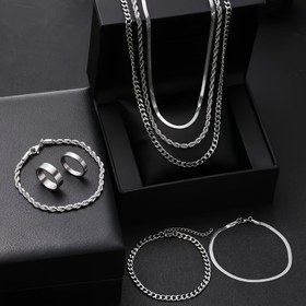 Resim 8 Parçalık Şık Paslanmaz Çelik Erkek Takı Seti, Bilezikler, Kolyeler ve Yüzükleri İçerir - Günlük Kullanım İçin Mükemmel, İstiflenebilir Erkek Aksesuarları, Çağdaş Unisex Metal Takılar 