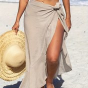 Resim Kadınlar için Hafif Bej Renkli Plaj Midi Etek, Bağcıklı Detaylı - Akışkan Yarık Etek, Hızlı Kuruyan Polyester Kumaş, Bahar/Yaz/Sonbahar için Mükemmel - Rahat Geziler, Plaj Giyimleri için İdeal | Minimalist Etek | Parlak Dokulu 