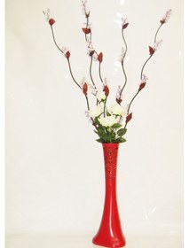 Resim 60 Cm Desenli Kırmızı Vazo 5 Adet Mor Üzüm Beyaz Gül 