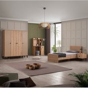 Resim Rustik Genç Odası Takımı - 4 Kapılı Dolap, Karyola, Komodin, Masa Ceviz 