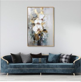 Resim Yağlı Boya Dokulu Tablo Soyut Beyaz Altın Çiçekler Altın Çerçeveli U02028-178882 