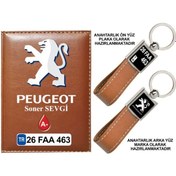 Resim Plakanıza Özel Peugeot Logolu Taba Ruhsat Kabı Ve Anahtarlık 