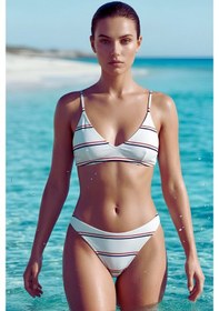 Resim Riviera Beyaz / Kırmızı / Lacivert Çizgili Premium V Yaka Bikini Üstü-3452 