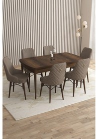 Resim Mazaka Serisi 80x132 Açılabilir Mdf Barok Ahşapdesen Masa Takımı 6 Lacivert Sandalye Cappucino 