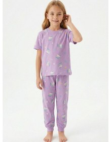 Resim Bunny Hopp Bunnyhopp Kız Çocuk Pijama Takımı Pamuk Unicorn Desenli Yazlık Kısa Kollu Lila 