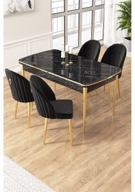 Resim Canisa Edaf Serisi 80x132 Açılabilir Siyah Mermer Desen Mutfak Masa Takımı 4 Siyah Sandalye Gold Detay Masa Siyah Mermer Desen Sandalye Siyah Gold Ayak 