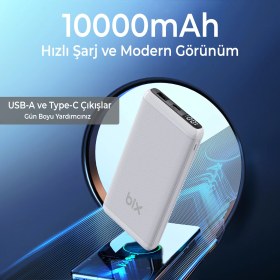 Resim Bix BXPB11 10000MAH 20W Pd Type-C ve Usb-A Scp 22.5W Qc 3.0 18W Çift Çıkışlı LED Ekranlı Powerbank Beyaz 
