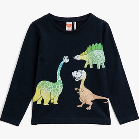 Resim Erkek Bebek Dinazor Baskılı Pamuklu Uzun Kollu Bisiklet Yaka Tişört 