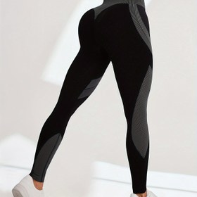 Resim Kadınların Yüksek Bel, Renk Bloklama Dikişsiz Yoga Pantolonu - Siyah ve Gri, Esnek Kumaş, Kırpma Uzunluğu, Sonbahar/Kış Sporları ve Fitness Aktiviteleri için Mükemmel, Spor Yoga Pantolonu|Dikişsiz Yapı|Esnek Kumaş 