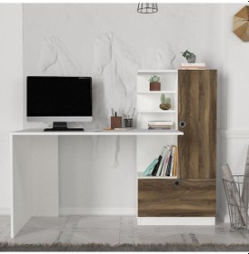 Resim Dekorister Merinos Kitaplıklı Çalışma Masası Beyaz-Ceviz 