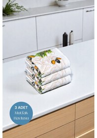 Resim 3lü Paket Baskılı Beyaz Mutfak Havlusu Modeli Zeytin 