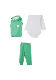 Resim Erkek Bebek Üçlü Ayıcık Detaylı Yelekli Takım-15294 Yesil 