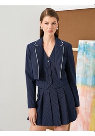 Resim Koton Crop Blazer Ceket Biye Detaylı Lacivert Çizgili 4sak50095uw Lacivert Çizgili Lacivert 