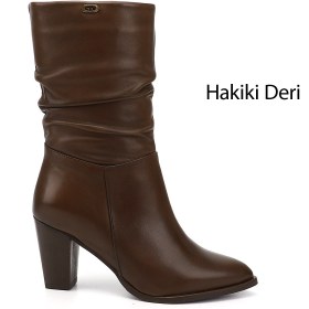 Resim GÖNDERİ(R) Kadın / Kız Kahve Antik Sivri Burun Körüklü Kalın Topuklu Hakiki Deri Çizme 