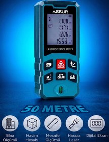 Resim Assur Profesyonel Lazer Terazili Dijital Mesafe Ölçer 50 Metre Ölçüm Cihazı Mavi Lazer Metre 