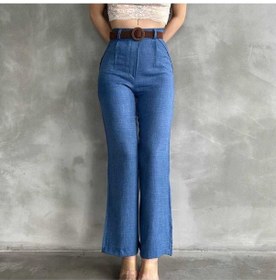 Resim Tane Tasarım Kemerli Pamuklu Keten Bol Paça Pantolon Mavi Mavi 