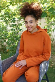 Resim Moda Kadın Pamuk Kapşonlu Cepli 3 İplik Kiremit Eşofman Takım Kiremit 