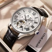Resim Erkekler için Hollow Dial, Roma Rakamları ve Takvimli Otomatik Mekanik Saat - Kendinden Yıpranır, Pil Gerektirmez, İş Stili, Kahverengi Suni Deri Kayış, Paslanmaz Çelik Kasa 