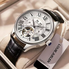 Resim Erkekler için Hollow Dial, Roma Rakamları ve Takvimli Otomatik Mekanik Saat - Kendinden Yıpranır, Pil Gerektirmez, İş Stili, Kahverengi Suni Deri Kayış, Paslanmaz Çelik Kasa 
