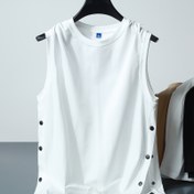 Resim Erkekler için Yan Perçin Detaylı Kolsuz Atletik Tank Top - Beyaz, Yuvarlak Yaka, Yazlık Rahat Spor Giyim, Yaz Tank Topları 