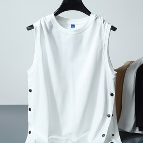 Resim Erkekler için Yan Perçin Detaylı Kolsuz Atletik Tank Top - Beyaz, Yuvarlak Yaka, Yazlık Rahat Spor Giyim, Yaz Tank Topları 