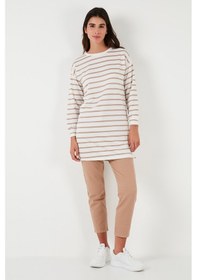 Resim Lela Modest Çizgili Pamuklu Regular Fit Bisiklet Yaka Bayan Tunik 5865784 Bisküvi 