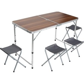 Resim Uniqamping Çanta Tipi 4 Tabureli Katlanır Kamp Masa Seti - Ahşap Kahverengi 