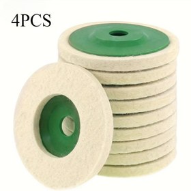 Resim 4 adet yün keçe parlatma diskleri, metal pas giderme, araba cilalama ve cam / yüzeyler için yeşil destekli 4 inç dayanıklı parlatma tekerlek pedleri, aşınmaya dayanıklı yuvarlak tasarım 