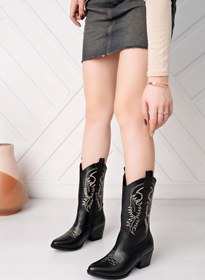 Resim RoseVeno Siyah Deri Beyaz Nakışlı Yeni Sezon Kovboy Çizme 