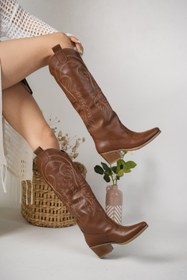 Resim Favi Ayakkabı Taba Cilt Burnu Ve Yanları Nakış Işlemeli Kovboy Tarzı Çizme 