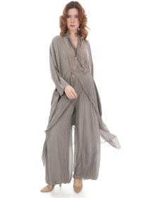 Resim Bohem Stil Italyan Ipek Detaylı Oversize Kap Bluz- Wes Pantolon Takım-8789 Vizon 