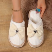 Resim Kadınların Rahat Fleece Terlikleri - Yumuşak Peluş Kış İç Mekan Ayakkabıları, Kurdele Detayı, EVA Taban ve Kumaş Üst, Ev Konforu, Tüm Mevsim Giyim, İç Mekan Terlikleri 