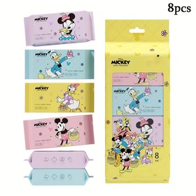 Resim 8 adet Mickey & Minnie Mouse Taşınabilir Islak Mendiller - Bireysel Sarılı Olmayan Dokuma, Kamp, Seyahat ve Günlük Kullanım için Eğlenceli Karikatür Karakter Tasarımı - Pembe Renkli ve Eğlenceli Grafikler, Kamp Gereksinimleri, Canlı Ambalaj, Dayanıklı Ambalaj 